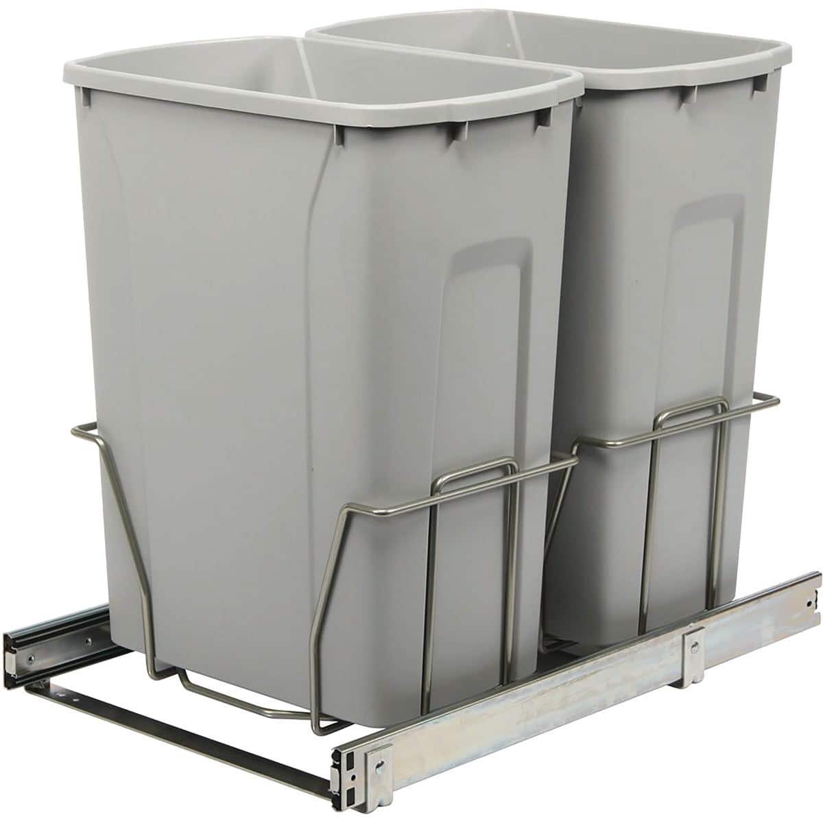 Gray plastic pull-out cabinet trash cans sold by Witt Do it Best as part of their home organization collection of products.