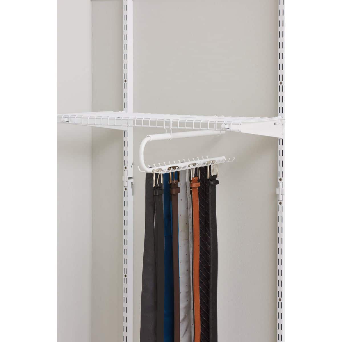 A white metal hanging tie and belt organizer sold by Witt Do it Best as part of their home organization collection of products.